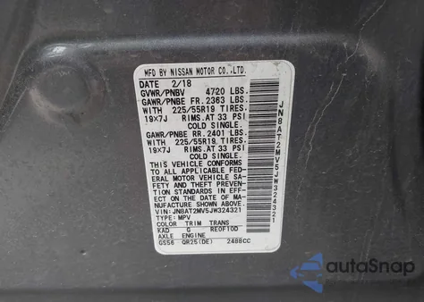 2018 Nissan Rogue Sl из США, поврежденный, VIN JN8AT2MV5JW324321